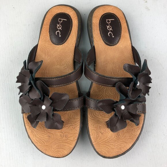 BOC Women's Size 7M Brown Open Toe Flower Applique Slip On Slides Sandals - Picture 3 of 13